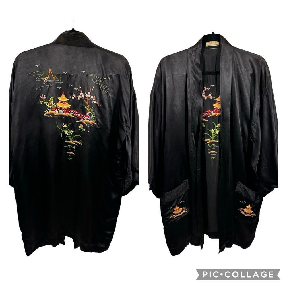 Rare Vintage Longevity Brand Black Embroidered Open Front Robe One Size‎